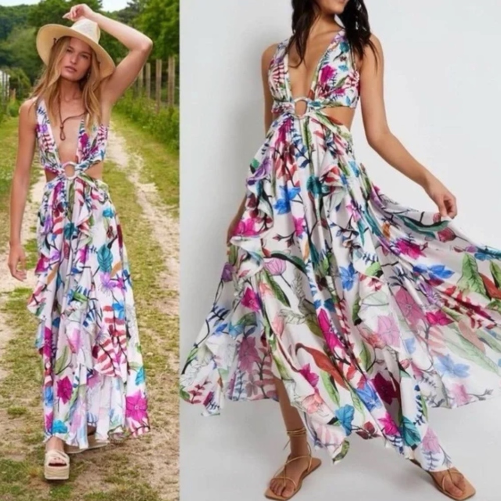 (XS) PATBO Zamia Floral Cut-out Midi Dress